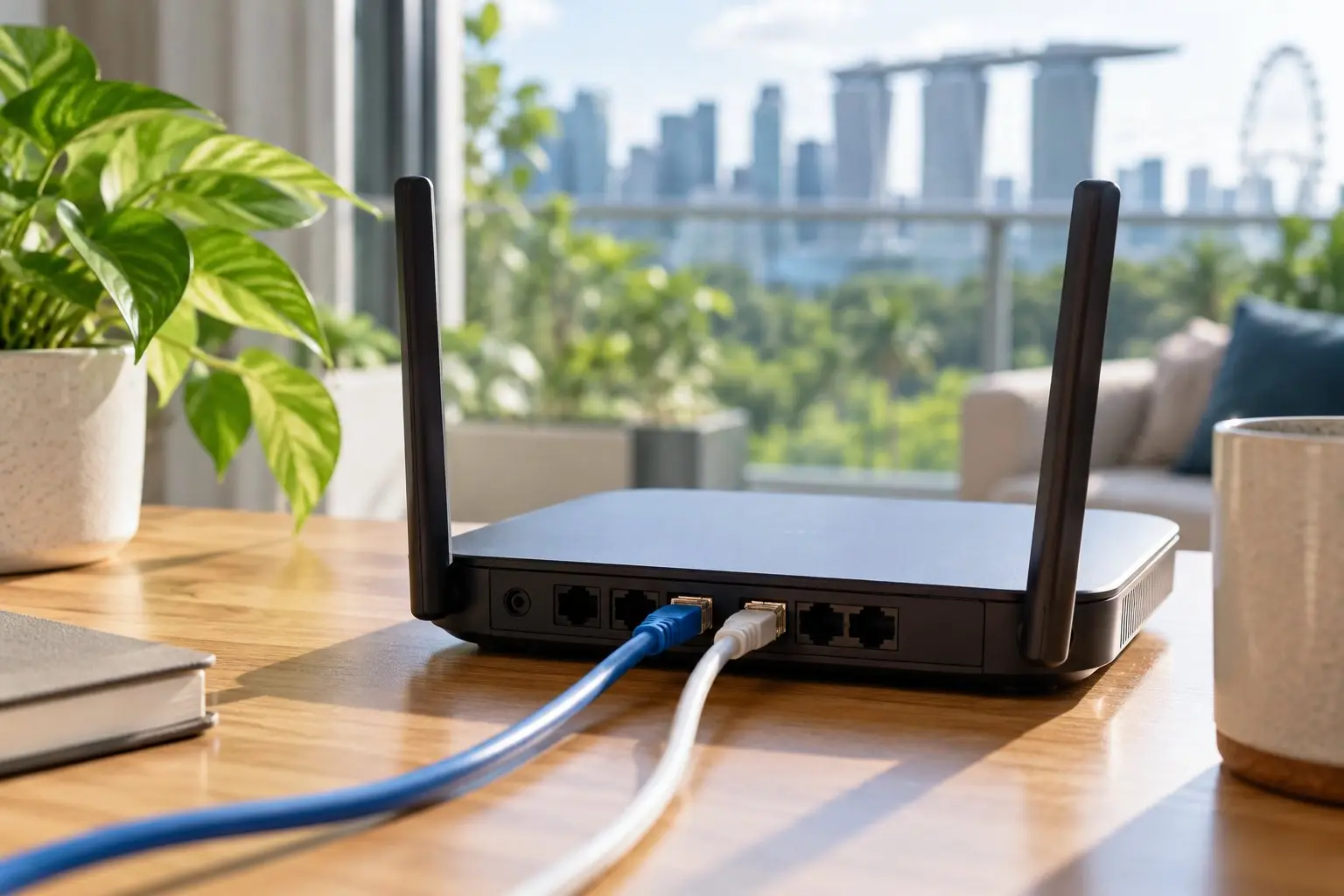 A home Wi-Fi router with Ethernet cables plugged in on a desk