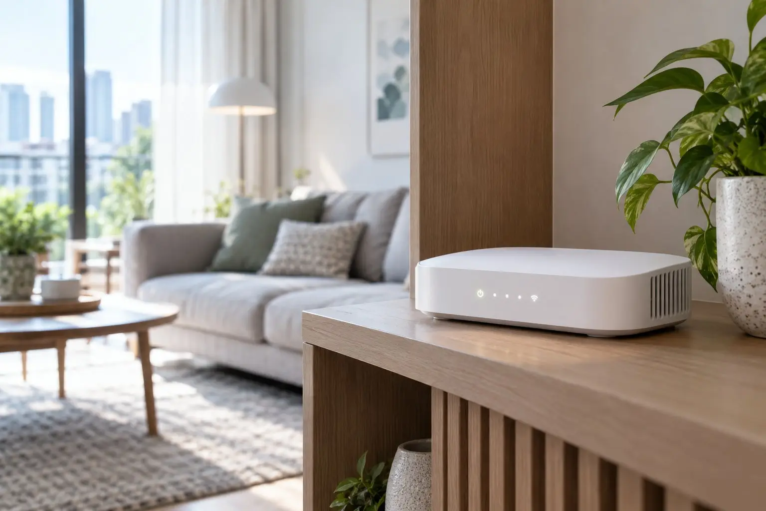 A white home broadband router on a shelf in a bright living room