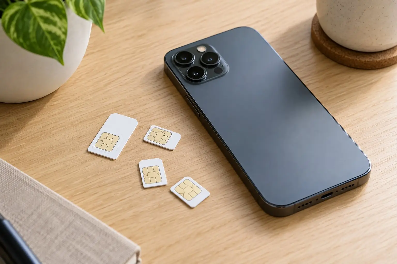 Several blank SIM cards and a smartphone lying on a light wooden desk