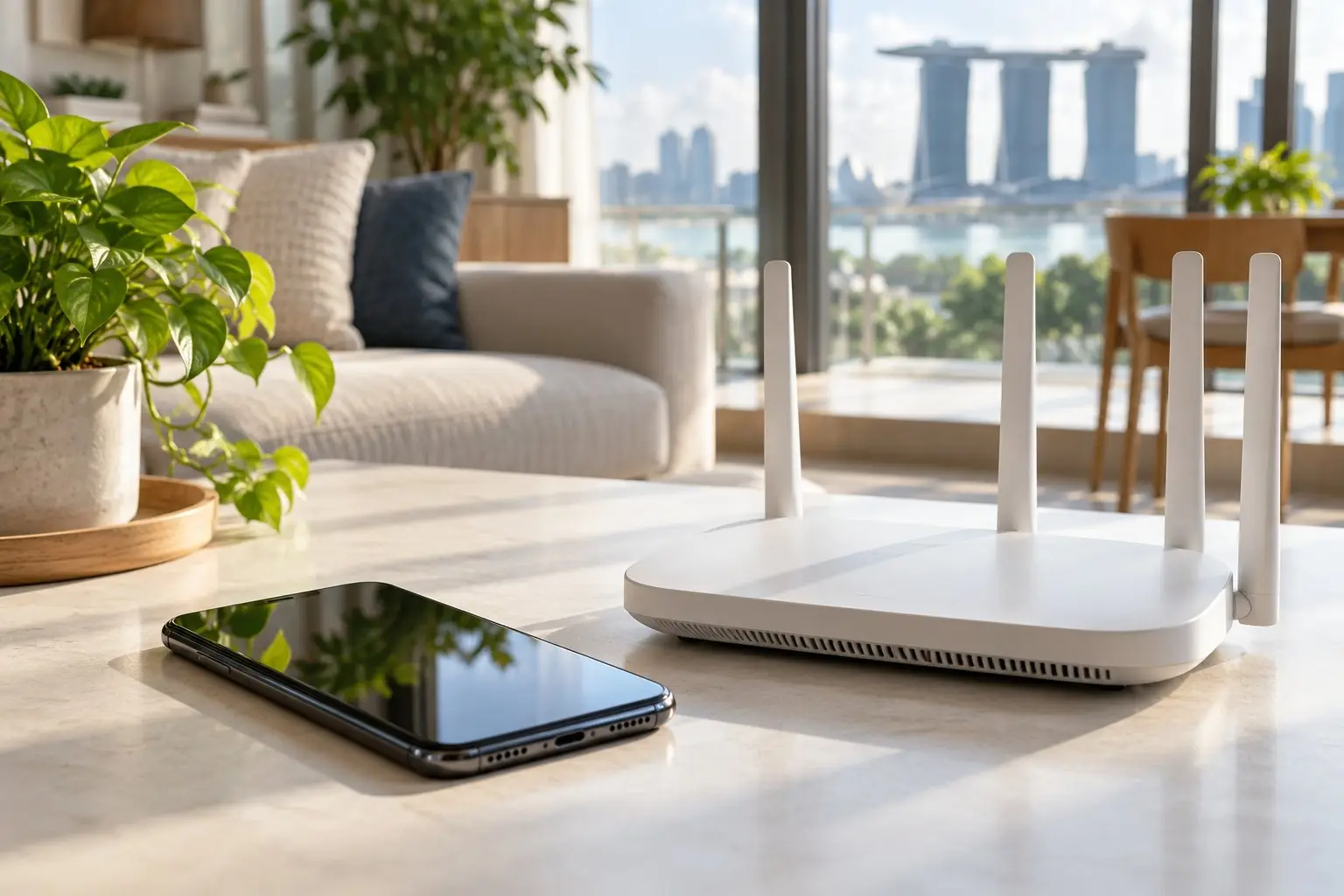 A smartphone and a home Wi-Fi router together on a light table