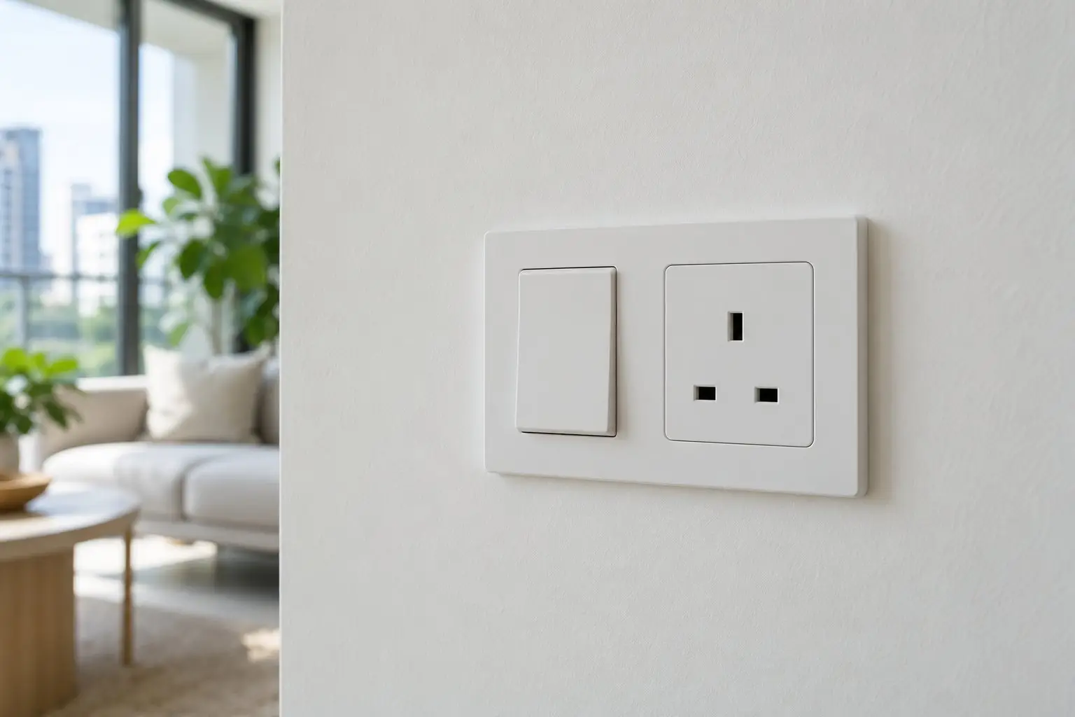 A modern white light switch and power socket on a clean wall