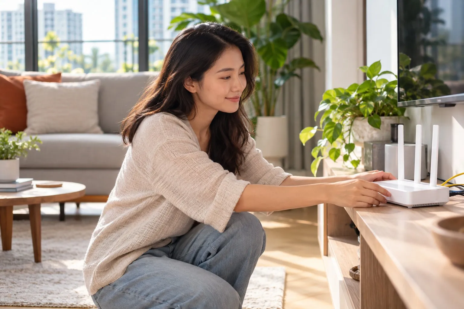 A home Wi-Fi router on a shelf in a living room with a sofa in the background