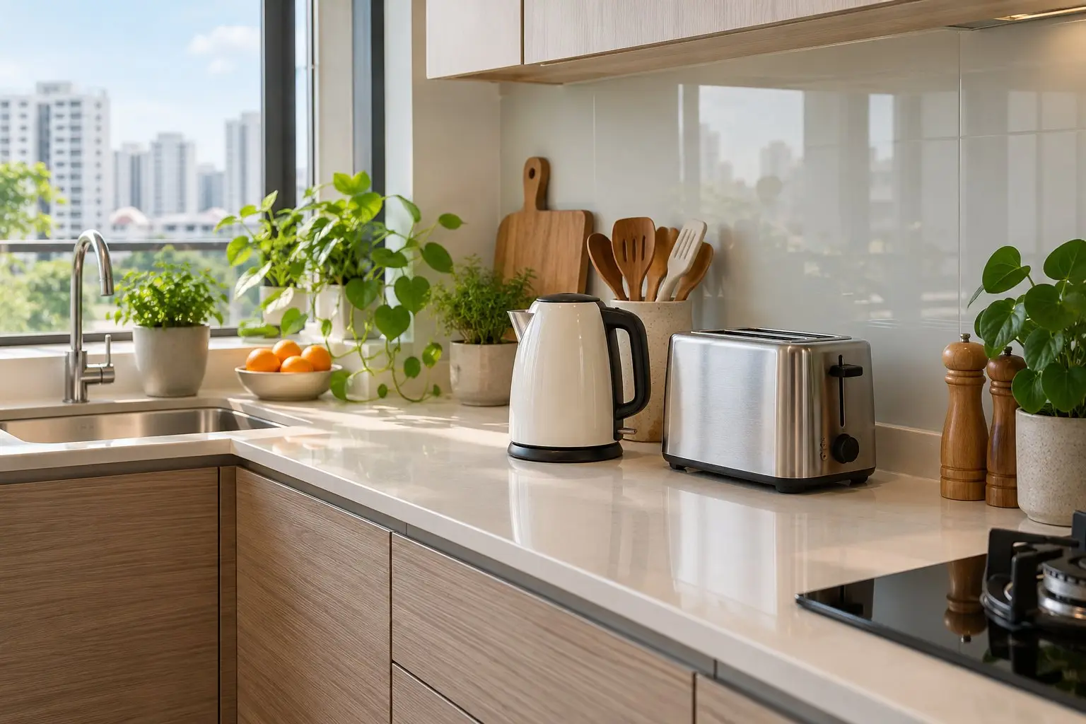 A bright modern kitchen counter with small household appliances