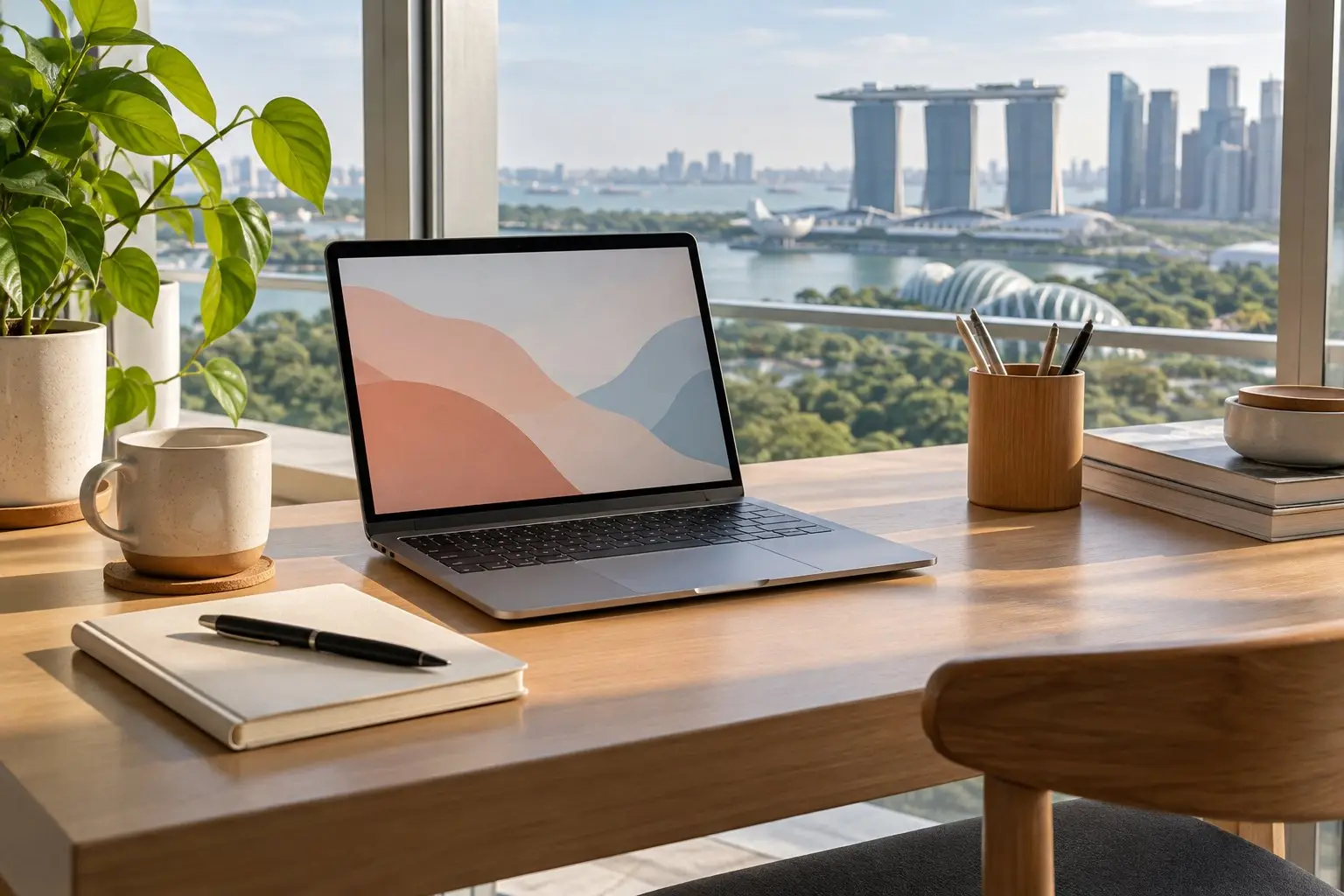 A tidy desk with a laptop, notebook and pen in bright daylight