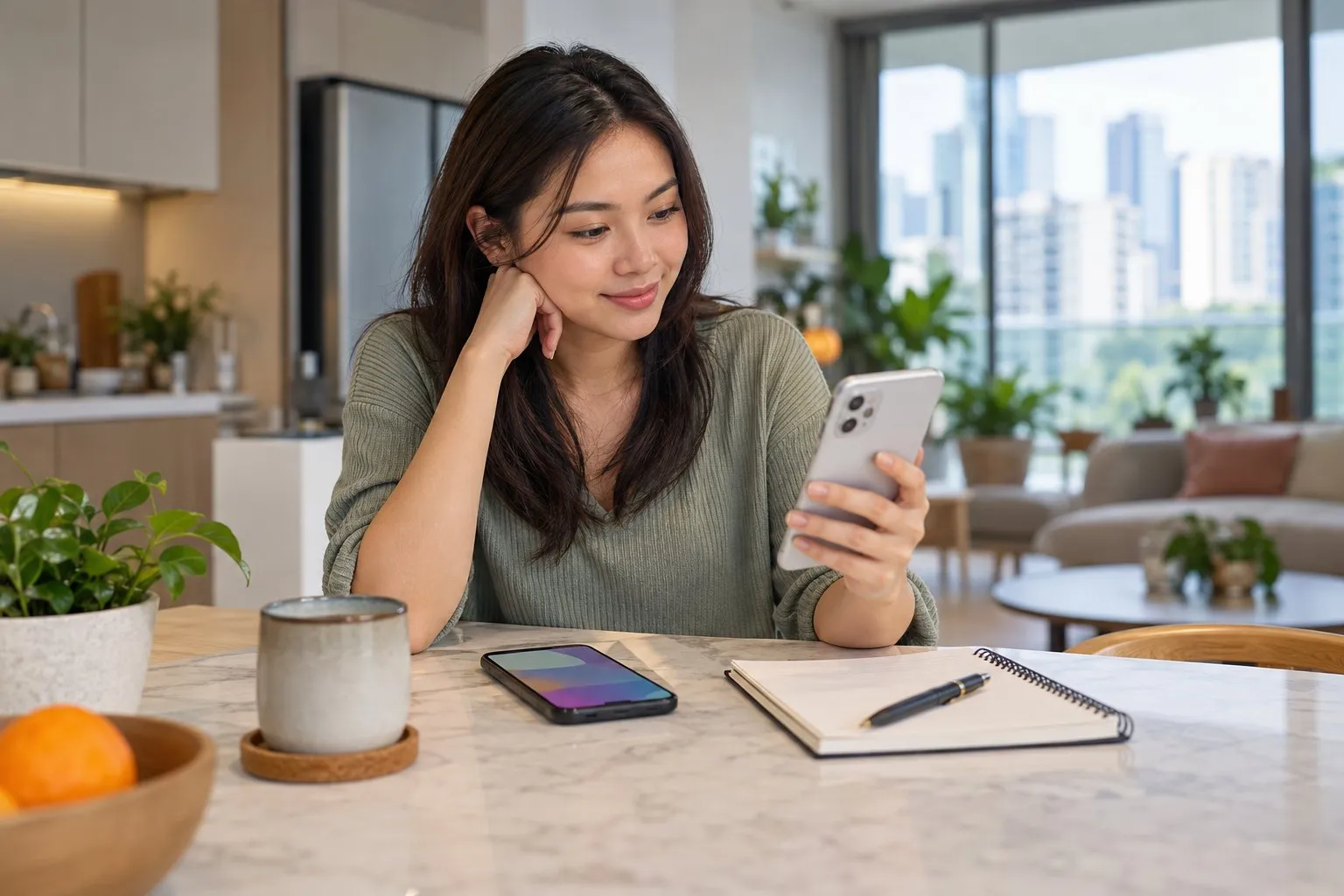 A person comparing mobile plans on a smartphone at a bright kitchen table